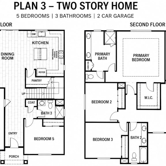 a floor plan of a two story home with five bedrooms and two garages.
