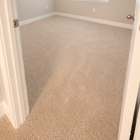 a room with a carpeted floor and a window with blinds.