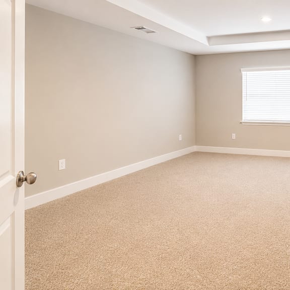 a room with a carpeted floor and a window with blinds.