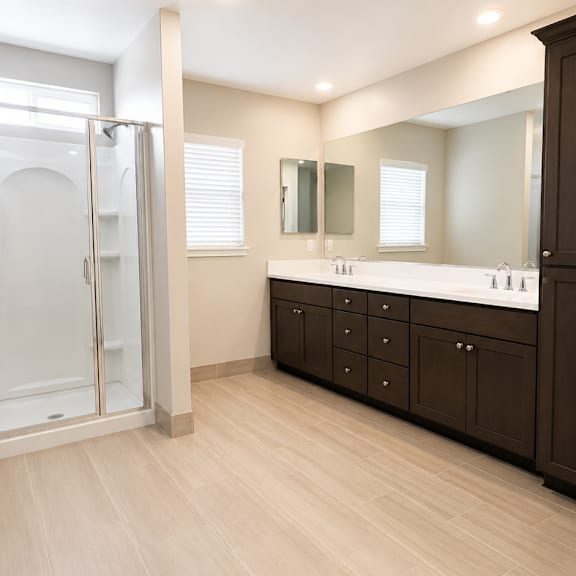 a bathroom with a walk in shower and a vanity with a mirror.