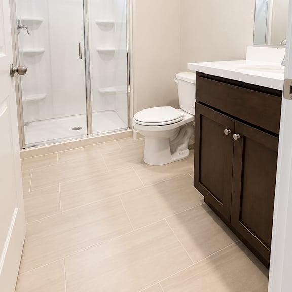 a white toilet sits in a bathroom with a walk-in shower.