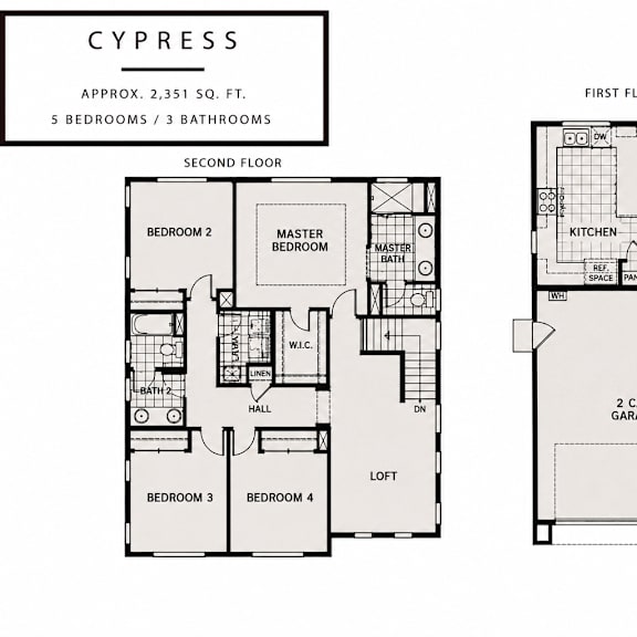 a floor plan for a property named cypress, which is approximately 2,351 square feet, with 5 bedrooms and 3 bathrooms.
