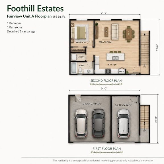 a floor plan for a unit at foothill estates shows a bedroom, bathroom, living room, kitchen, and two car garages.