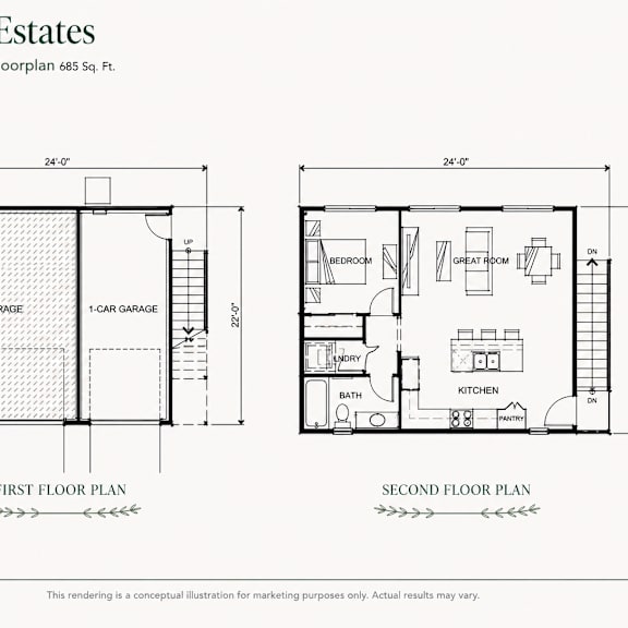 a drawing of a floor plan for a 685 square foot unit at foothill estates.