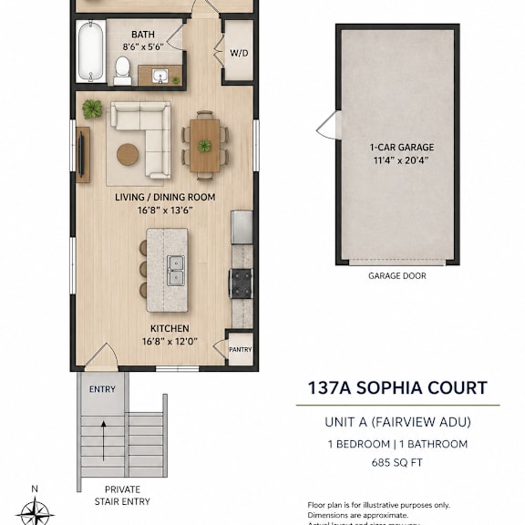 a floor plan for a 1 bedroom apartment at 137a sophia court.