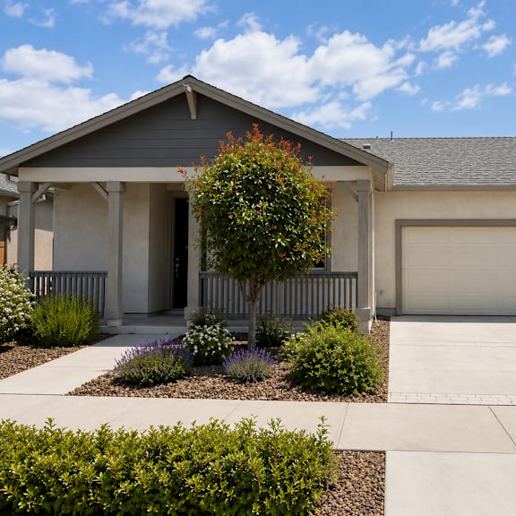 a house with a grey roof and a white garage door.