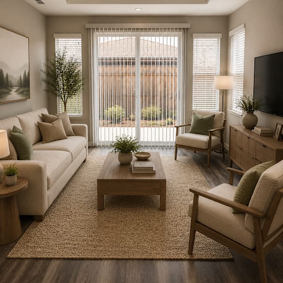 a living room with a couch, chairs, and a coffee table.