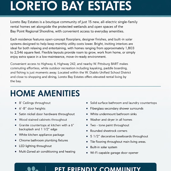 a flyer for loreto bay estates, a community of 15 new homes with a pet-friendly policy.