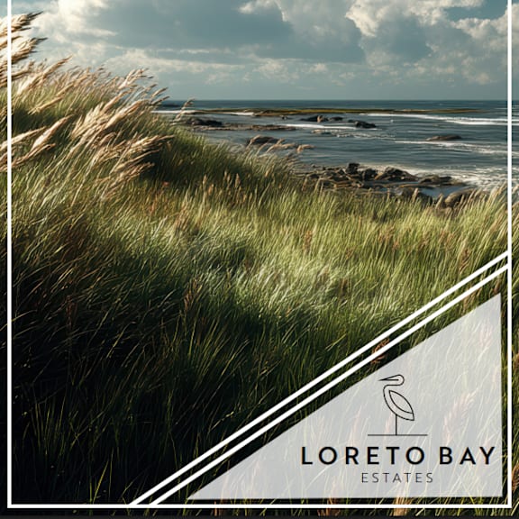 a beach scene with the text "loreto bay estates" in the foreground.