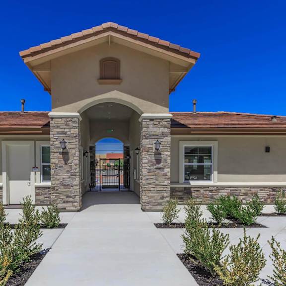 the entrance to a building with a walkway and columns at edgewater, pittsburg, 94565  