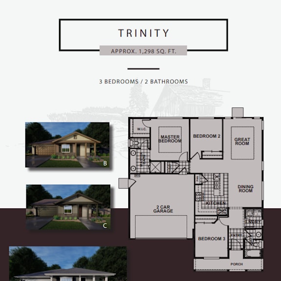 a real estate listing for a property named trinity, which is approximately 298 square feet, features three bedrooms and two bathrooms.