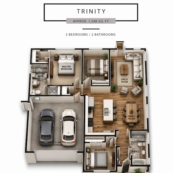 a floor plan of a trinity apartment with 3 bedrooms and 2 bathrooms.