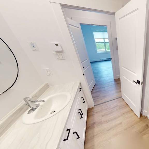 a white bathroom with a walk in shower and a sink.