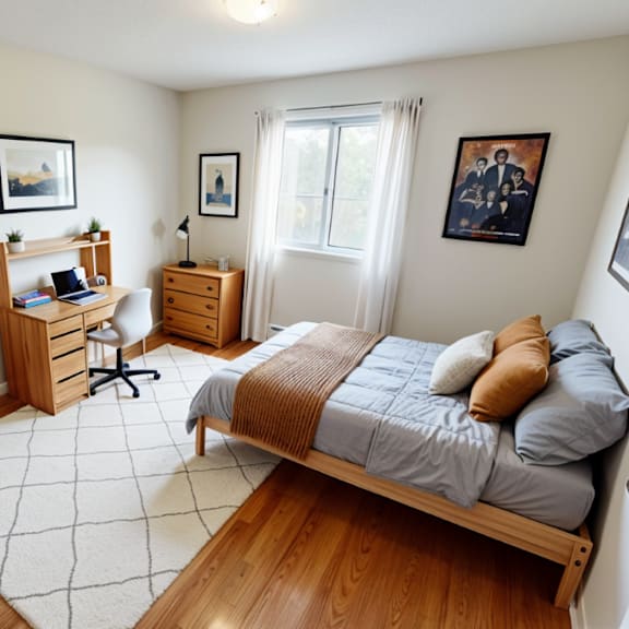a bedroom with a bed, desk, and bookshelf.