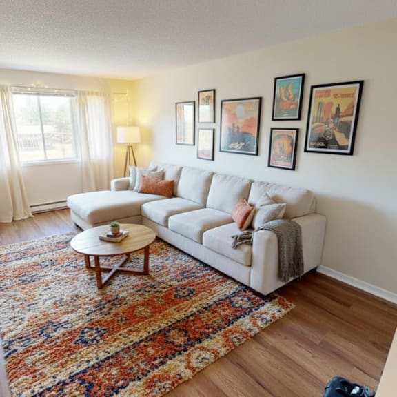 a living room with a white couch, a rug, and pictures on the wall.