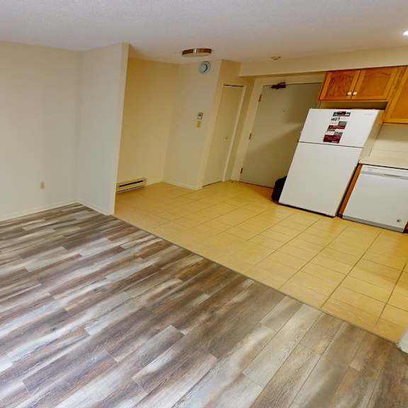 a kitchen with a white fridge and wooden cabinets.