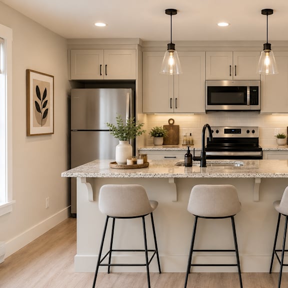 a kitchen with a granite countertop and white cabinets.