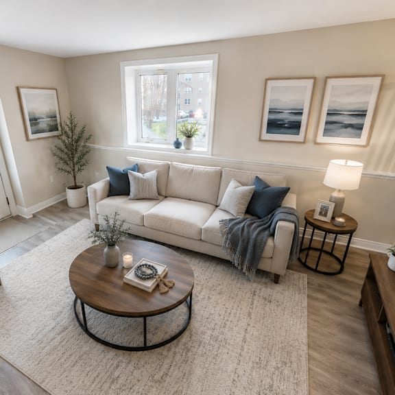 a living room with a white sofa, a coffee table, and a television.