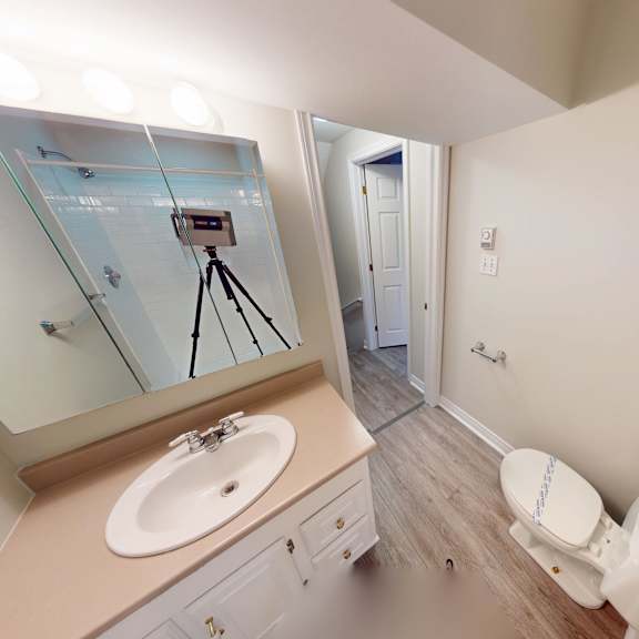 a bathroom with a sink, toilet, and mirror.