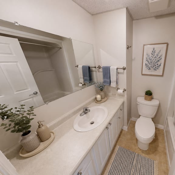 a white bathroom with a toilet, sink, and mirror.