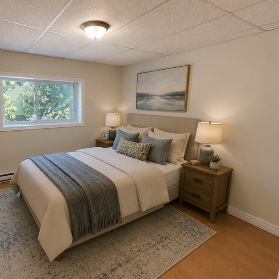 a bedroom with a bed, nightstands, and a window.