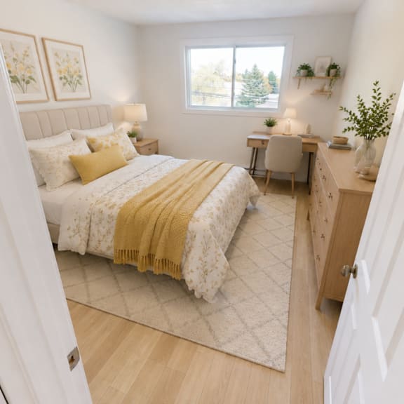 a bedroom with a bed, a desk, and a window.