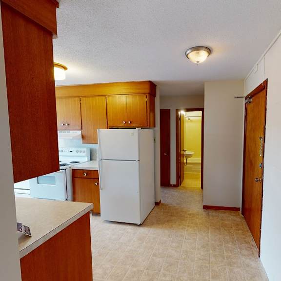 a kitchen with white appliances and wooden cabinets.