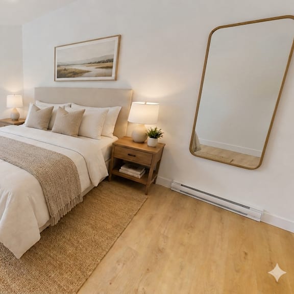 a bedroom with a large bed, a small tree, and a mirror on the wall.