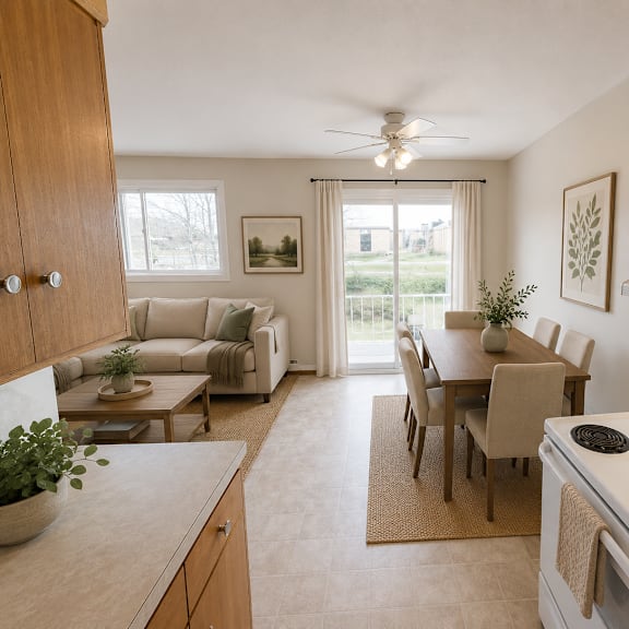 a kitchen with a stove, table and chairs.
