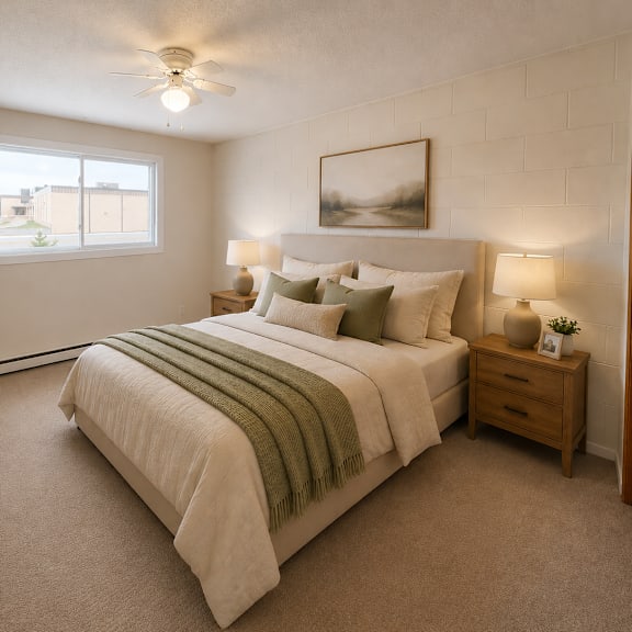 a bedroom with a large bed, a wooden nightstand, and a ceiling fan.