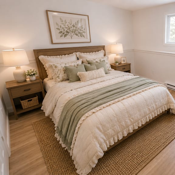 a bedroom with a large bed and a wooden nightstand.