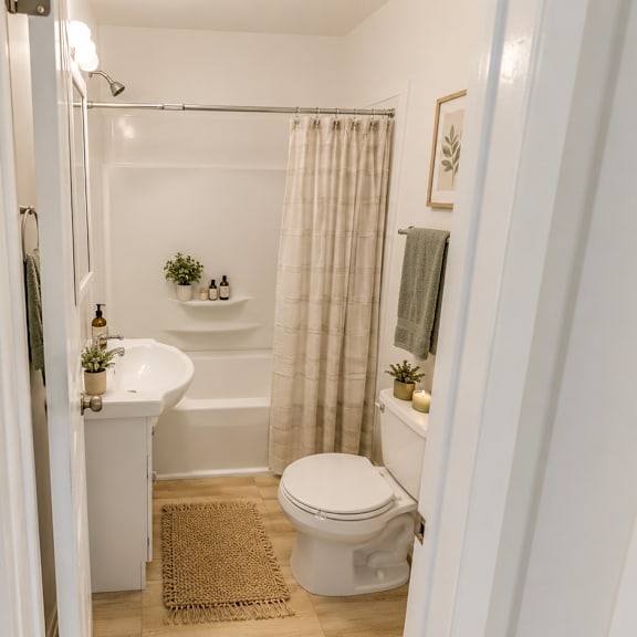 a white bathroom with a toilet, sink, and shower.