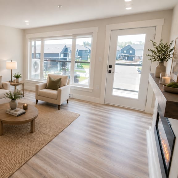 a living room with a white couch and a coffee table.