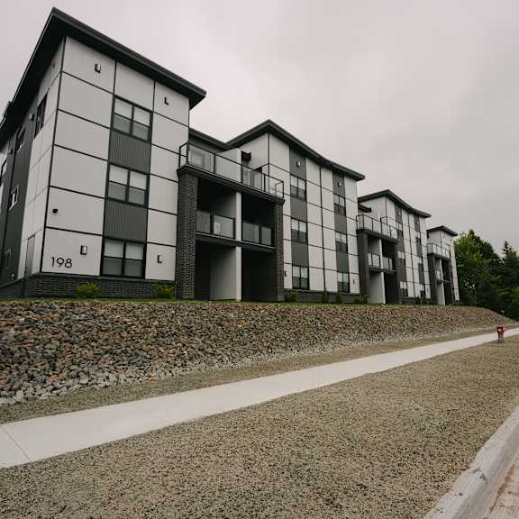 a modern building with the number 198 on it.