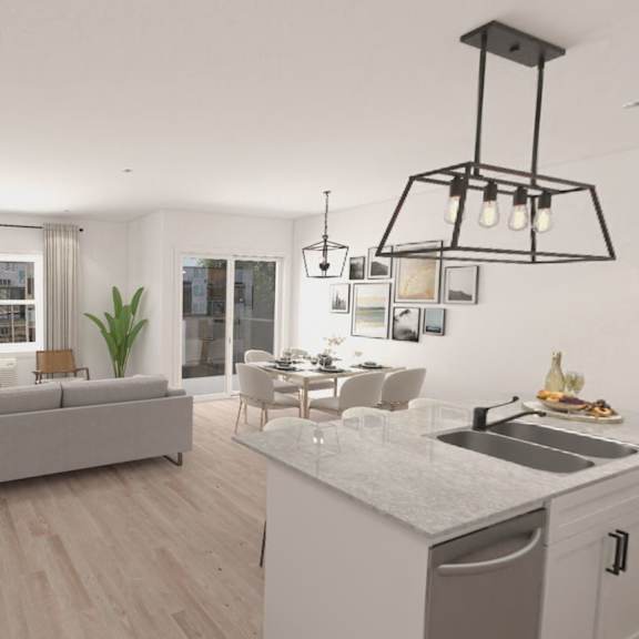 a modern living room with a grey sofa and a television.