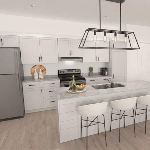 a modern kitchen with a large island and white cabinets.