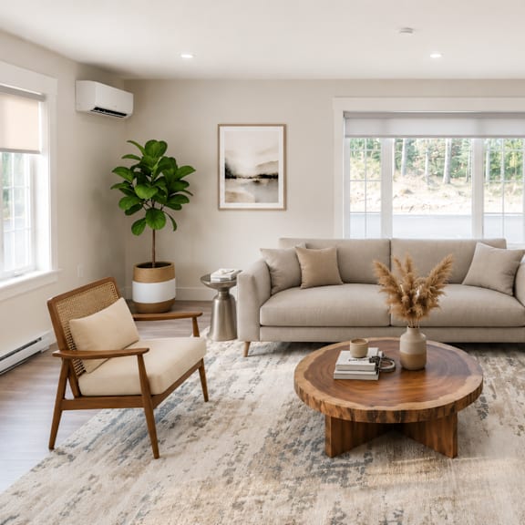 a living room with a grey couch, two chairs, a coffee table, and a potted plant.