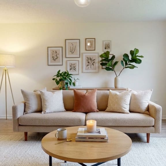 a living room with a couch, a table, and a lamp.
