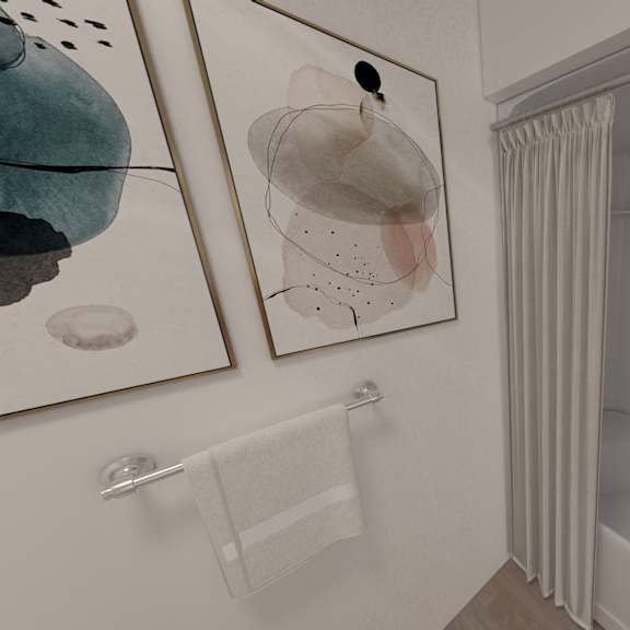 a bathroom with a towel rack and two pictures on the wall.