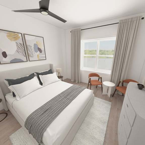 a bedroom with a large bed, a ceiling fan, and a window with curtains.