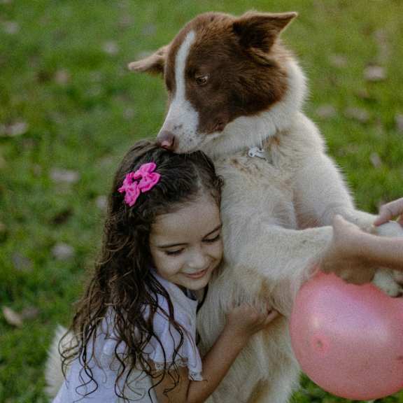 A girl is hugging a dog in a field.