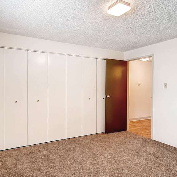 a room with a brown carpet and a brown door.
