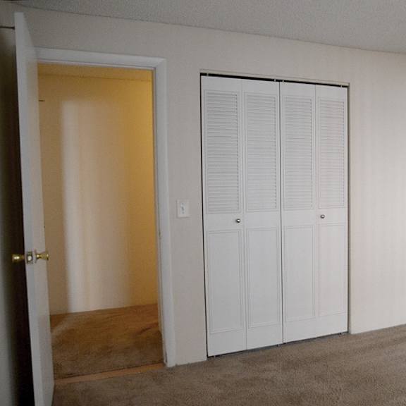 a room with a white closet and a brown carpet.