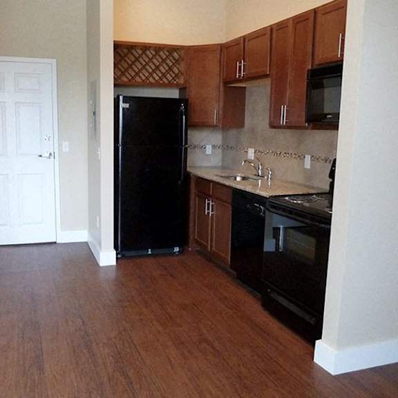 a kitchen with a black fridge and oven.