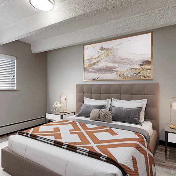 a bedroom with a large bed and a painting on the wall.