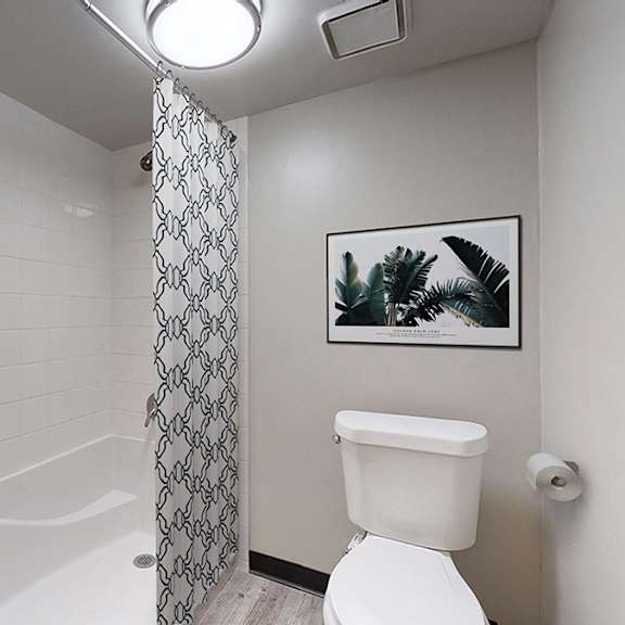a white toilet in a bathroom with a shower curtain and a picture of a plant on the wall.