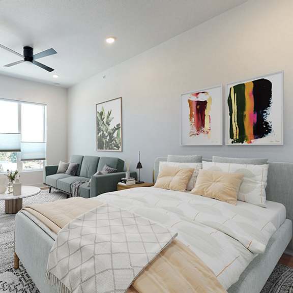 a bedroom with a large bed and a painting on the wall.