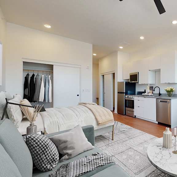 a modern living room with a grey sofa and a black and white rug.