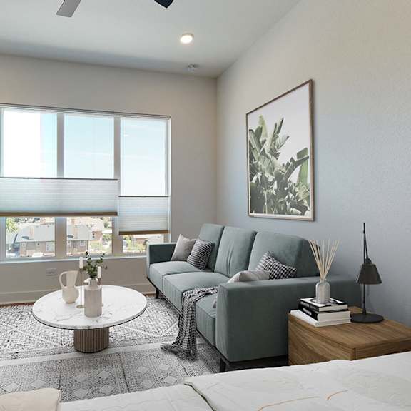 a modern living room with a flat screen tv and a large window.