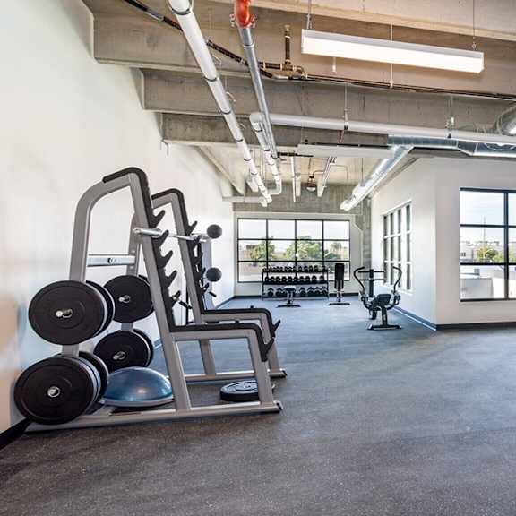 a gym with a variety of equipment including weights and machines.